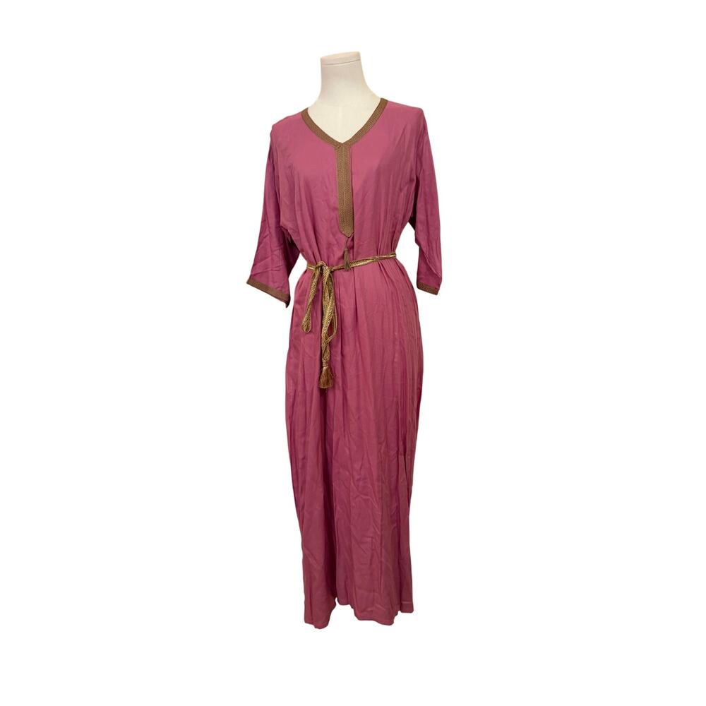 No Brand Kaftan / Jalabiya Dress Mauve Pink Gold Accent GORGEOUS Tie-Belt Soft